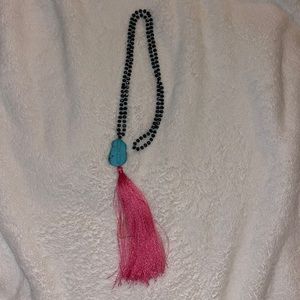 Boho Beaded Necklace with Turquoise Stone & Fuchsia Tassel